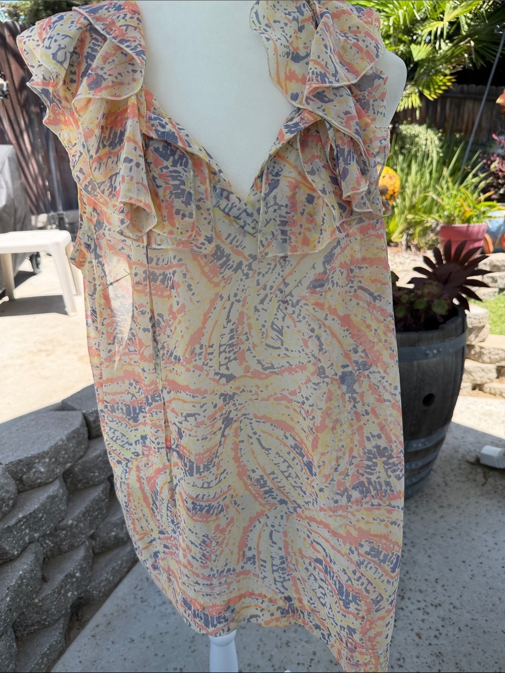 CAbi Multicolor Sheer Printed Tunic — Peach, Yellow, Gray, Navy